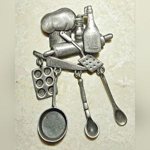 Chef baking tools vintage silver pewter brooch by JJ, gift For chef, culinary